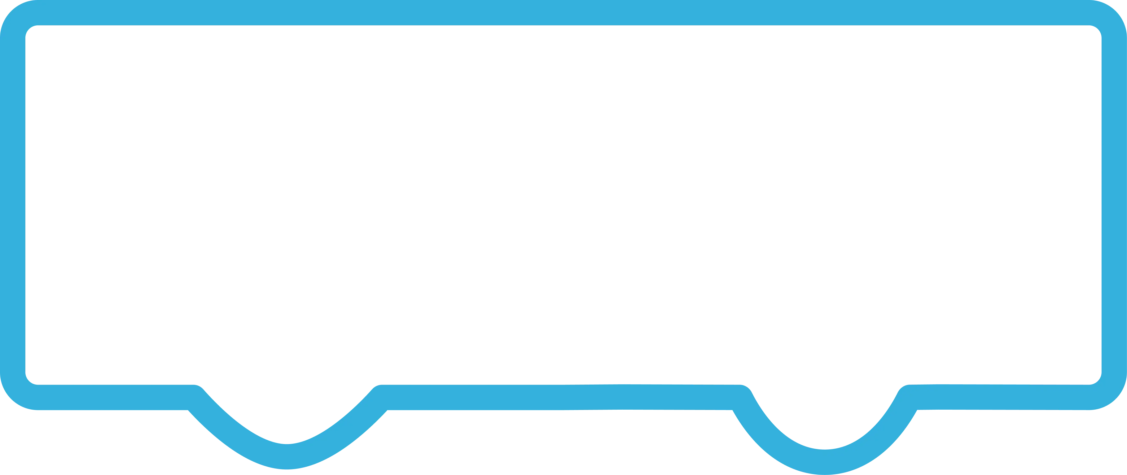 A black rectangle with a thick blue outline, featuring two small semicircular notches at the bottom, resembling a stylized outline of a bus.