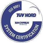 Logo showing TÜV Nord and TÜV Cyprus with ISO 9001 System Certification in a circular design, indicating quality management certification.