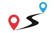 A stylized representation of a winding road with a red and blue location pin at either end, symbolizing navigation or travel.