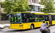 A bright yellow bus drives past, with a cyclist in the foreground and green trees lining the street. Urban setting captured in motion.