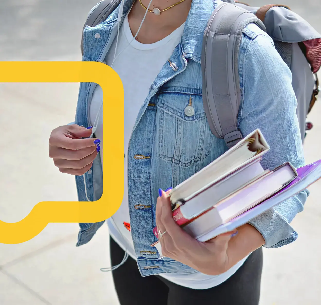 A person wearing a denim jacket and backpack holds books and uses earphones. A yellow chat bubble is superimposed on the left. The scene is casual and academic.
